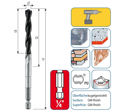 Свердло по бетону Profi Beton Ø6 мм із шестигранним хвостовиком 1/4