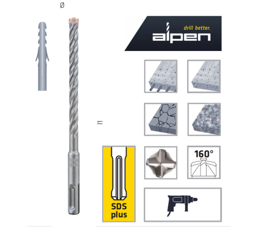 Бур SDS plus FORCE X Ø10x160 мм, Alpen 0081501000100