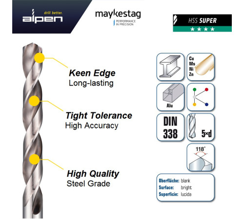 Сверло по металлу HSS Super Ø3,2 мм, 3 шт, Alpen 0018100320100 Сверло по металлу HSS Super Ø3,2 мм, 3 шт, Alpen 0018100320100