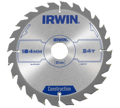 Диск по дереву для ручных циркулярных пил Ø184x30 мм 24T, Irwin