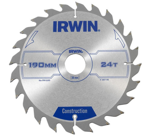 Диск по дереву для ручных циркулярных пил Ø190x30 мм 24T, Irwin