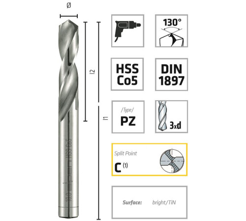 Сверло по металлу HSS PZ-Cobalt Ø2,0 мм, Alpen 0092100200100